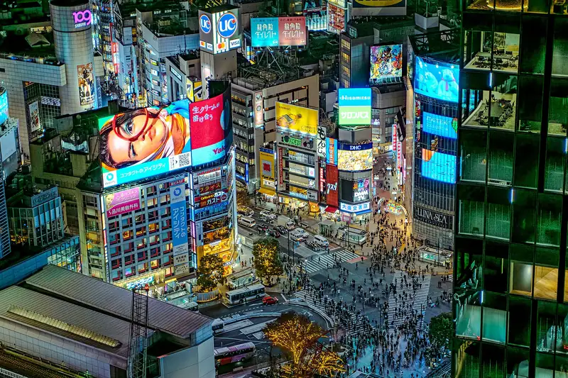 Shibuya Scramble Crossing at night, seen from above